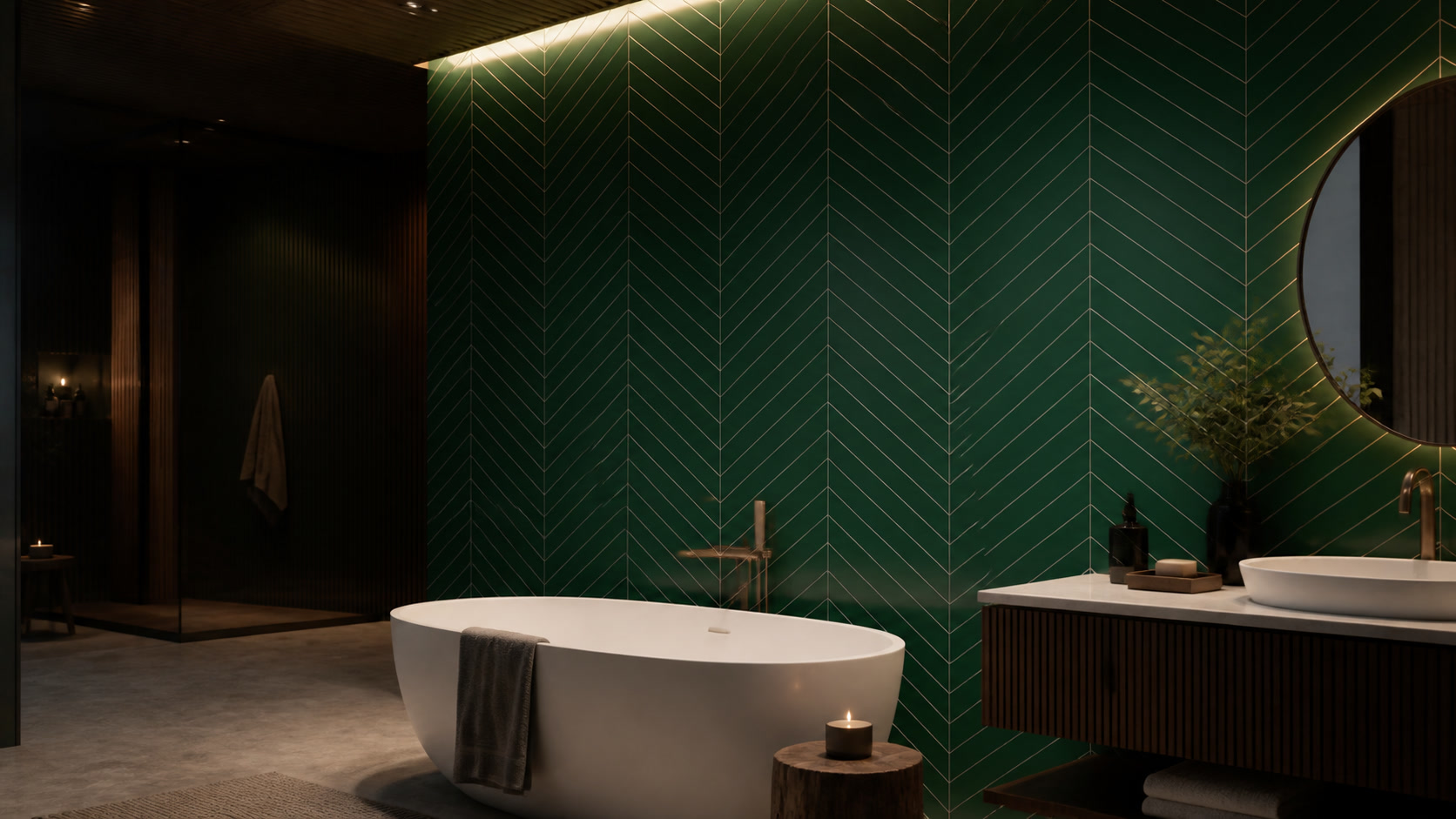 Green herringbone CNC-grooved SPC stone crystal bathroom wall panel