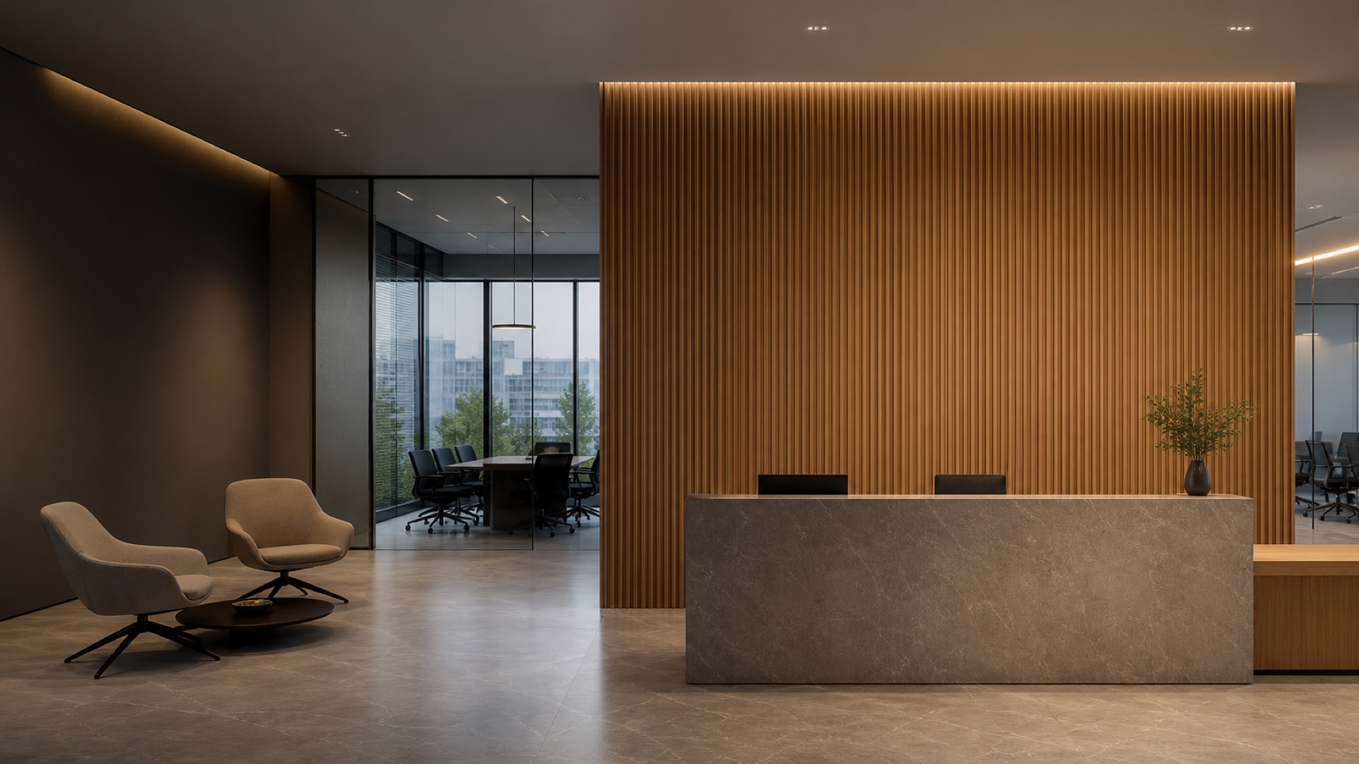WPC fluted wall panels in a modern office reception